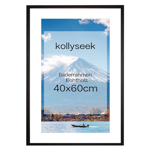kollyseek Bilderrahmen 40x60cm Echtholz mit Passepartout Holz Rahmen mit Acrylglas Kieferholz Fotorahmen mit Bruchsicherem Acrylglas platten bilderrahmen Schwarz Weiss zimmer deko(schwarz) von kollyseek