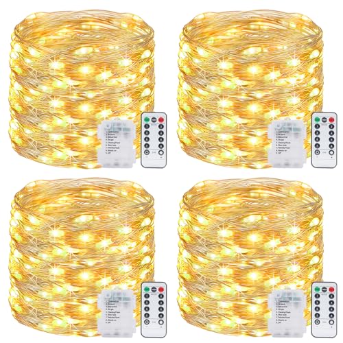 Kolpop 4 Stück Lichterkette Batterie, 12M 120 LED Lichterkette mit Batterie 8 Modi Lichterkette Draht mit Fernbedienung und Timer Wasserdicht Lichterkette für Außen Innen Weihnachtsbaum Deko, Warmweiß von kolpop