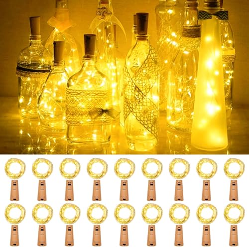 kolpop (18 Stück Flaschenlicht Batterie, Flaschen Lichterkette 2M 20LED Glas Korken Licht Lichterkette mit Batterie für außen/innen Deko Flaschenlichter DIY, Party, Hochzeit, Weihnachten - Warmweiß von kolpop