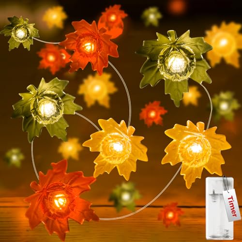 kolpop Herbst Lichterkette, 2m 20 Led Lichterkette Innen Batterie mit Timer, Ahornblätter Lichterketten Herbst Deko, Ahornblatt Fairy Lights für Ramadan, Halloween, Erntedankfest, Partys von kolpop
