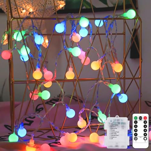 kolpop Lichterkette Batterie Bunt, 10.3M 80 LED Lichterkette Kugeln, Wasserdicht Bunte Lichterketten Außen mit Timer Fernbedienung, 8 Modi für Zimmer, Balkon, Hochzeit, Party, Weihnachten Deko von kolpop
