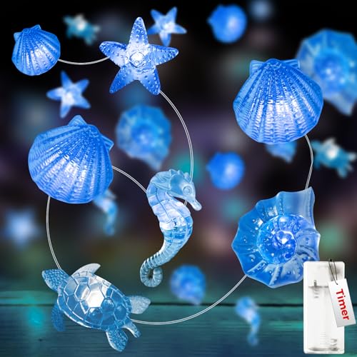 kolpop Lichterkette Meerestiere, 2m 20 Led Lichterkette Batterie mit Timer, Seestern Lichterkette Dekorative,Lichterkette Maritim für Innen und Außen Party Kinderzimmer Weihnachten Hochzeit von kolpop
