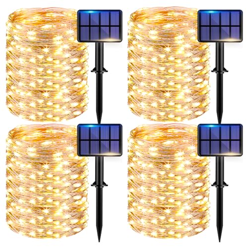 kolpop Solar Lichterkette Aussen, 22M 220 LED Solarlichterkette Außen Wetterfest, 8 Modi Kupferdraht Lichterketten Outdoor für Garten, Terrasse, Balkon, Hof, Hochzeit, Party Deko, 4 Stück Warmweiß von kolpop