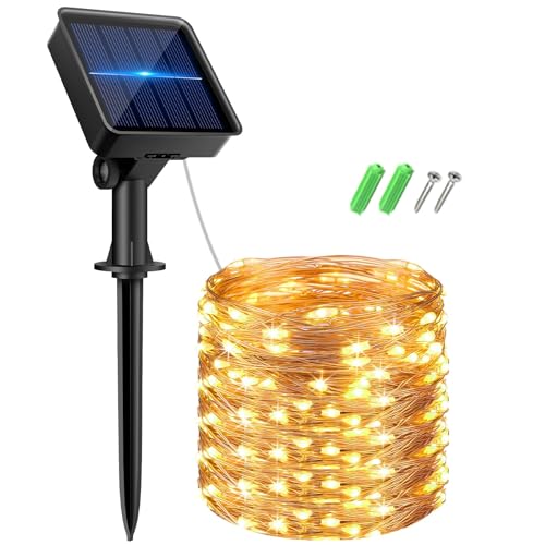 kolpop Solar Lichterkette Aussen, LED Lichterkette Außen Solar Lichterkette Wasserdicht KupferDraht Solar Weihnachtsbeleuchtung Außen 8 Modi Deko für Garten Balkon Party Hochzeit Warmweiß von kolpop