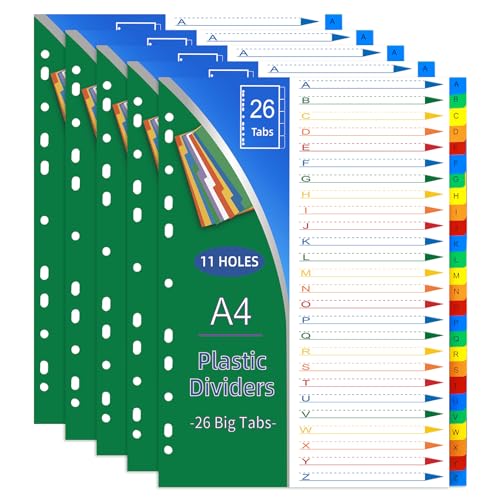 komstuon Ordner Register A4 mit 5 Stück, 26 Trennwänden, Pastellfarben, 11 Löcher, aus Kunststoff, wasserfest, für Büro und Schule von komstuon