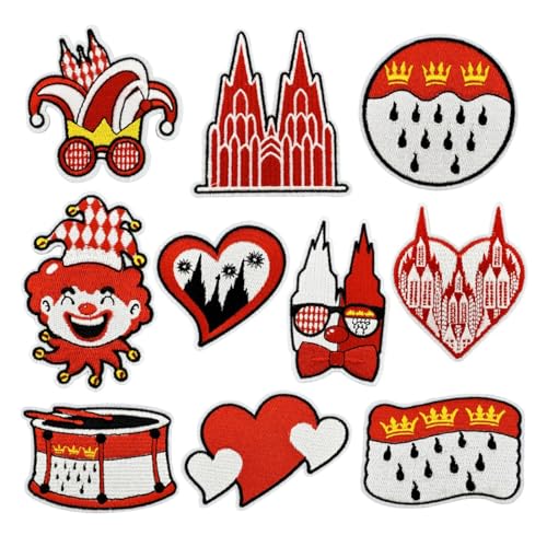 10 Stück Bügelbilder für Textilien – Kölner Karneval Rot-Weiße Flicken zum Aufbügeln oder Annähen – Süße Bestickte Applikationen für Kleidung, Jeans, Hüte & DIY-Projekte von Korsaot