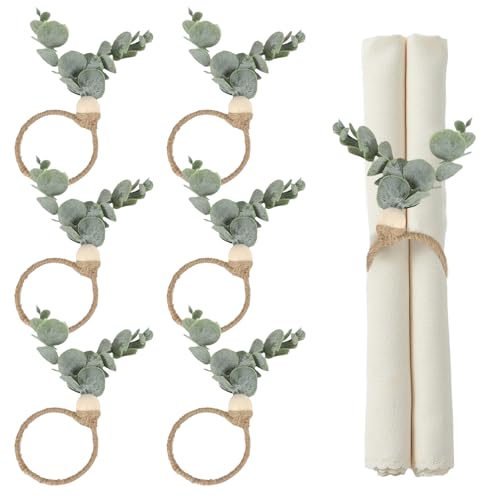 6 Stück Serviettenringe Holz – Boho Serviettenring mit Grünen Blättern & Holzperlen – Rustikale Servietten Ringe für Weihnachten, Hochzeiten, Ostern & Tischdekoration im Bauernhaus-Stil von Korsaot