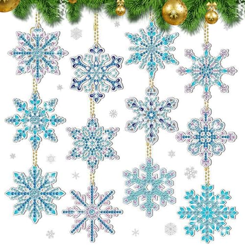 Diamond Painting Weihnachten Anhänger, 12 Set Diamond Painting 5D Schneeflocke Deko, Diamond Paintings für Weihnachtens Fenster Hängend Winter Dekor von Korsaot