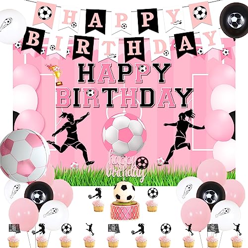 Mädchen Fußball Happy Birthday Dekorationen, schwarze und rosa Ballons, rosa Fußball Happy Birthday Hintergrund Banner, Fußball Kuchen Topaz Ballons, Mädchen Sport-Themenparty von kreat4joy