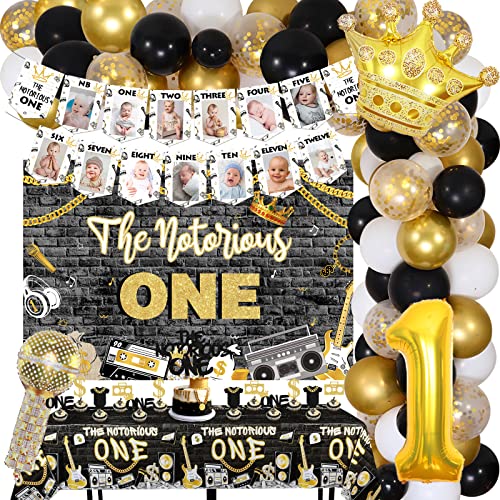 Notorious One Birthday Decorations, Notorious One Birthday Balloon Arch with Backdrop, Month Photo Banner Notorious One Tablecloth Cake Cupcake Toppers, Microphone Number 1 Crown Balloon for Boys von kreat4joy