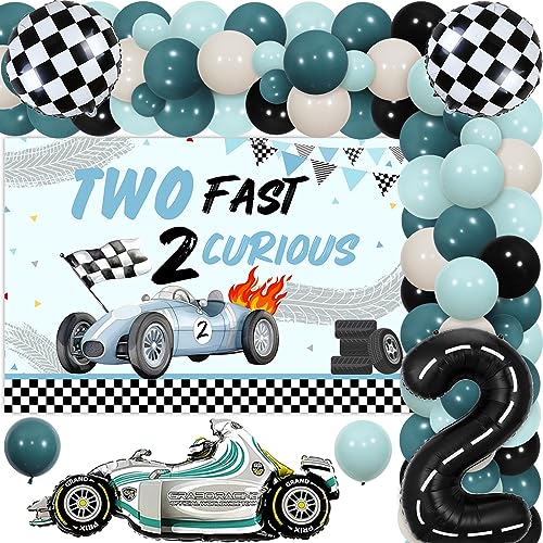 kreat4joy Two Fast Two Curious Birthday Decorations Boy, Race Car 2nd Birthday Decorations, Blue Black Balloons Arch with Backdrop Checkered Number 2 Foil Balloons Let's Go Racing 2nd Birthday Party von kreat4joy