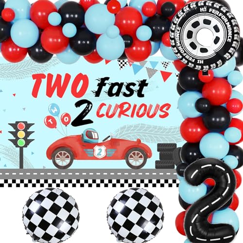 Two Fast Two Curious Birthday Decorations Boy Race Car 2nd Birthday Decorations, Retro Red Black Blue Balloon Arch Backdrop Checkered Number 2 Wheel Foil Balloons for Let's Go Racing Party von kreat4joy