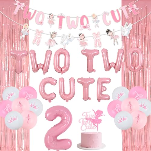 kreat4joy Ballerina 2nd Geburtstag Party Dekoration Mädchen, Zwei Zwei Süße 2nd Geburtstag Dekoration Banner Girlande Kuchen Topper Fransen Vorhang Folie Latex Ballon Rosa für Ballett Ich bin Zwei von kreat4joy