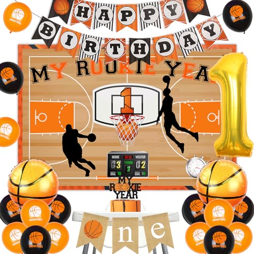 kreat4joy Basketball Thema 1 Jahr Geburtstag Party Dekoration Junge, mein Rookie 1 Jahr Geburtstag Hintergrund, orange schwarze Ballon Kuchen Hüte Happy Birthday Banner 1 Aluminiumfolie Ballon von kreat4joy