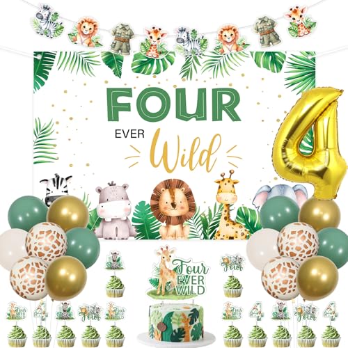 kreat4joy Dschungel Safari Thema 4th Birthday Party Dekoration, Four Ever Wild Geburtstag Dekoration Hintergrund Girlande Cupcake Kuchen Topper Folie Latex Ballon für Waldtier 4 Jahre alt Party kreat4joy Dschungel Safari Thema 4th Birthday Party Dekoration, Four Ever Wild Geburtstag Dekoration Hintergrund Girlande Cupcake Kuchen Topper Folie Latex Ballon für Waldtier 4 Jahre alt Party von kreat4joy
