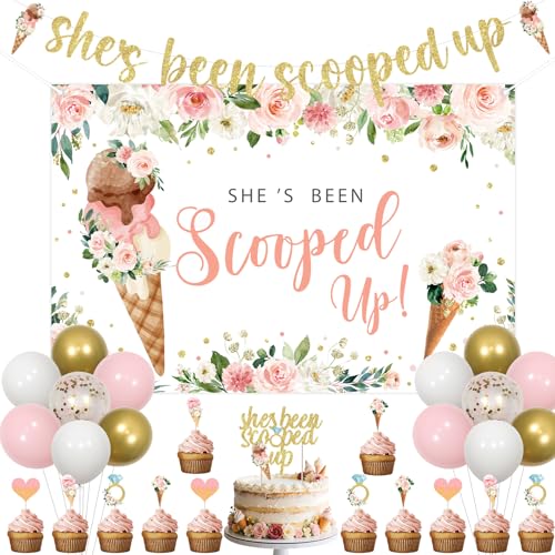 kreat4joy Eiscreme-Brautparty-Dekorationen, "She's Been Scooped Up", Blumen-Thema, Hintergrund, Banner, Kuchen, Cupcake-Topper, Latex-Ballon für Eis, Sommer, Junggesellinnenabschied, Hochzeit von kreat4joy