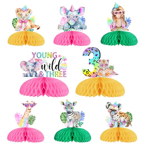 kreat4joy Junge Wilde und drei Party Dekoration Mädchen, 8pcs Dschungel Safari Tier 3. Geburtstag Dekoration Waben Mittelstück Doppelseitiger Druck für Tropenwald Tier 3 Jahre alt Supplies von kreat4joy