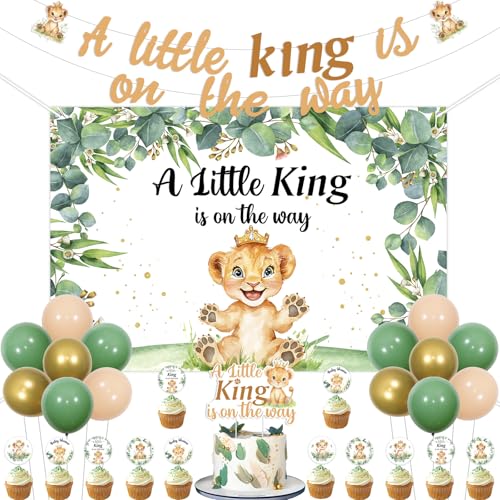 kreat4joy Lion Baby Shower Dekoration, A Little King is on the Way Decoration Backdrop Banner Cake Cupcake Topper Latex Balloon for Lion Wild Woodland Animal Baby Shower Gender Reveal Decoration von kreat4joy