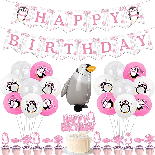 kreat4joy Pinguin Geburtstag Party Dekorationen für Mädchen, rosa Ballons Happy Birthday Banner Cupcake Kuchen Toppers Pinguin Folie Ballon für Kinder Winter Tier Geburtstag Party von kreat4joy