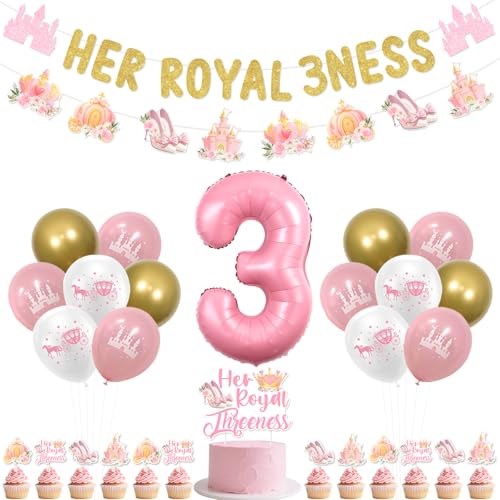 kreat4joy Prinzessin 3. Geburtstag Party Dekorationen, Her Royal Threeness Banner Girlande Kuchen Cupcake Toppers Rosa Weiß Schloss Luftballons Nummer 3 Folienballon für 3 Jahre altes Mädchen von kreat4joy