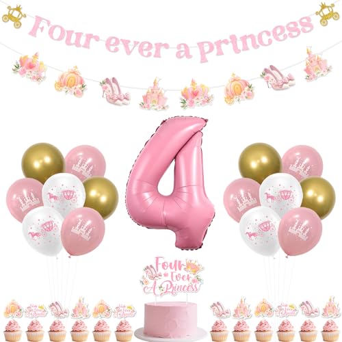 kreat4joy Prinzessin 4. Geburtstag Party Dekorationen, Four Ever A Princess Banner Girlande Kuchen Cupcake Toppers Rosa Weiß Schloss Luftballons Zahl 4 Folienballon für 4 Jahre altes Mädchen von kreat4joy
