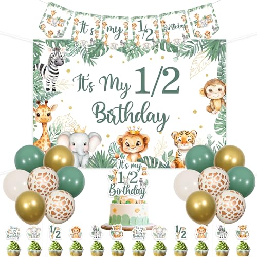 kreat4joy Safari Half Birthday Decoration Boy, It's My 1/2 Birthday Decoration Jungle Safari Theme Backdrop Banner Cake Cupcake Topper Latex Balloon for Tropical Wild Animal 6 Month Party Supplies von kreat4joy