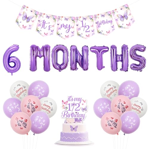 kreat4joy Schmetterling Halber Geburtstag Deko Mädchen, It's My 1/2 Geburtstag Deko Schmetterling Thema Banner Cake Topper Folie Latex Ballon Lila für Blumenfee 6 Monate Party Supplies von kreat4joy