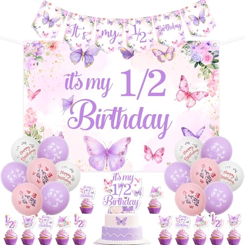 kreat4joy Schmetterling Halber Geburtstag Dekoration Mädchen, It's My 1/2 Geburtstag Dekoration Schmetterling Thema Hintergrund Banner Kuchen Cupcake Topper Latex Ballon Lila für Blumenfee 6 Monate von kreat4joy