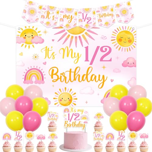 kreat4joy Sonne Hälfte Geburtstag Dekoration Mädchen, It's My 1/2 Geburtstag Dekoration Sonnenschein Thema Hintergrund Banner Kuchen Cupcake Topper Latex Ballon Rosa Gelb für Wolke Pastell 6 Monate von kreat4joy