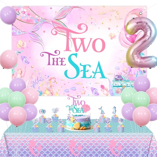 kreat4joy Two The Sea Geburtstag Dekoration Mädchen Meerjungfrau Thema Hintergrund Banner Kuchen Cupcake Topper Tischdecke Folie Latex Ballon für unter dem Meer Ozean Marine Tier 2. Geburtstag Party von kreat4joy