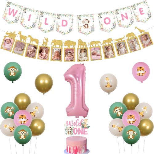 kreat4joy Wild One 1 Geburtstag Dekorationen für Mädchen, Wild One Banner Cake Topper Dschungel Tier Monatliches Foto Banner Salbeigrün Rosa 1 Folienballon für Rosa Safari Erster Geburtstag von kreat4joy