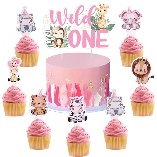 kreat4joy Wild One 1. Geburtstag Dekorationen für Mädchen, Wild One Birthday Cake Topper 24 Stück Dschungel Safari Tier Cupcake Topper für ein Jahr alte Mädchen Rosa Safari erster Geburtstag Party von kreat4joy