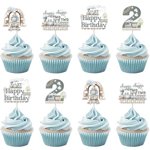 kreat4joy Zug 2nd Geburtstag Dekoration Junge, 24pcs Chugga Chugga Two Two Birthday Party Dekoration Cupcake Topper Doppelseitiger Druck Kuchen Dekor für Zug Zweite 2 Jahre alt Geburtstag Party von kreat4joy