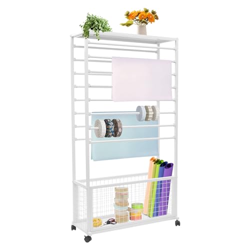 ksxnkhk Bandhalter-Organizer-Rack, mobiler doppelseitiger Präsentationsständer mit 16 Aufhängestangen, Aufbewahrungskorb, Rollen, Regal für Bastelraum, Geschenkpapier, Weiß, 31,5 x 12,6 x von ksxnkhk