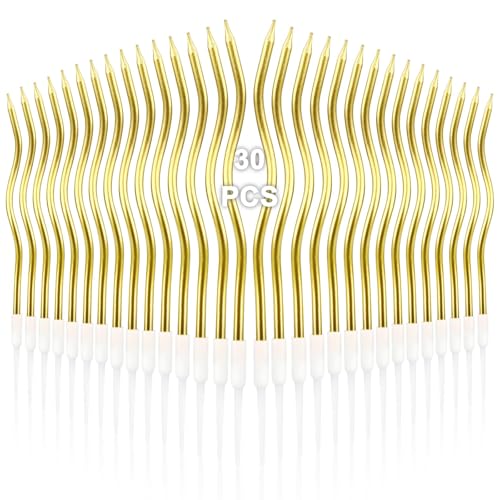 30 Stück Geburtstagskerzen Gold, Spiral Kuchen Kerzen mit Halter, Lange Dünne Geburtstagskerzen für Kuchen Cupcakes Torte, Party Hochzeit Dekoration von ktxaby