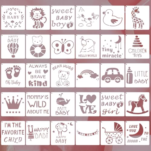 30 Stück Schablonen für Babypartys, 12,7 x 12,7 cm, wiederverwendbare Malschablonen, Baby-Einteiler, Schablone, Gemischte Sätze, Malvorlagen für kleine Tiere, zum Selbermachen, Kunst, Malerei, von ktxaby