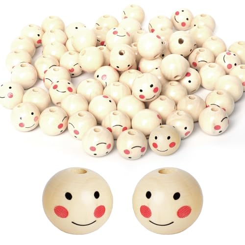 40 Stück Naturholzperlen mit Gesicht,Holzkugeln mit Loch 20mm Lächelndes Gesicht,Holzperlen Natur Holz Bastel-Perlen für Sorgenwürmchen Glückswürmchen,ideal zum Herstellen von Armbändern, Halsketten von ktxaby