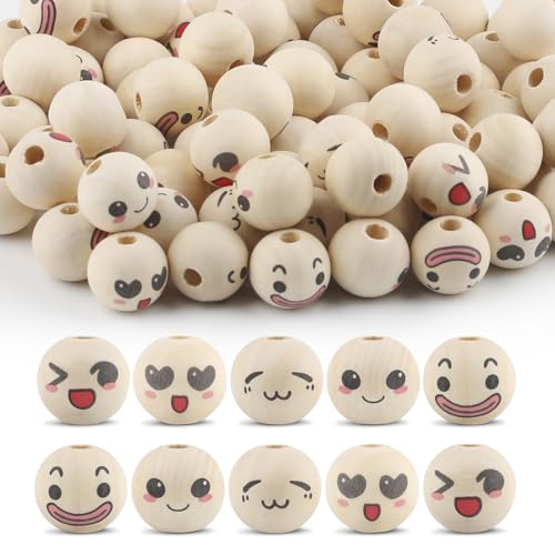 Ktxaby 100pcs 20mm lose Holz Perle mit Gesichtern 5 Styles 4mm Loch Holz Ausdruck Perlen Runde natürliche Holzperlen handgemachte Holzperlen für Halskette Armband Stringing Making DIY Crafts (03) von ktxaby