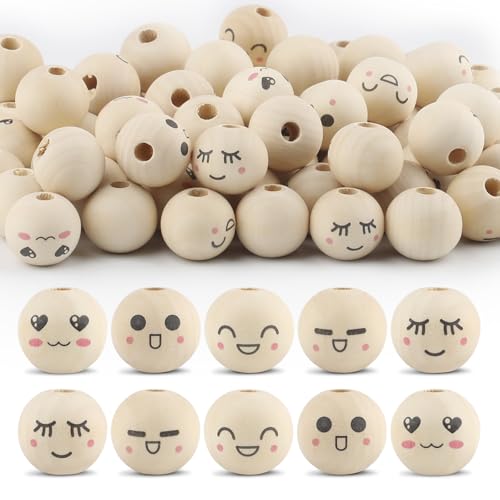 Ktxaby 100pcs 20mm lose Holz Perle mit Gesichtern 5 Styles 4mm Loch Holz Ausdruck Perlen Runde natürliche Holzperlen handgemachte Holzperlen für Halskette Armband Stringing Making DIY Crafts (06) von ktxaby