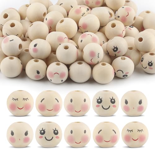 Ktxaby 100pcs 20mm lose Holzperle mit Gesichtern 5 Styles 4mm Loch Holz Ausdruck Perlen Runde natürliche Holzperlen handgemachte Holzperlen für Halskette Armband Stringing Making DIY Crafts (02) von ktxaby