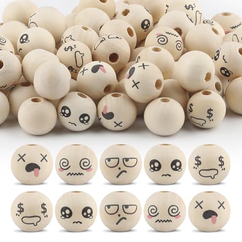 Ktxaby 100pcs 20mm lose Holzperle mit Gesichtern 5 Styles 4mm Loch Holz Ausdruck Perlen Runde natürliche Holzperlen handgemachte Holzperlen für Halskette Armband Stringing Making DIY Crafts (05) von ktxaby
