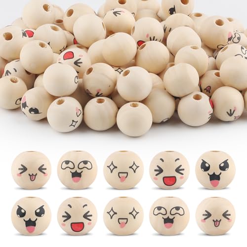 Ktxaby 100pcs 20mm lose Holzperlen mit Gesichtern 5 Styles 4mm Loch Holz Ausdruck Perlen Runde natürliche Holzperlen handgemachte Holzperlen für Halskette Armband Stringing Making DIY Crafts (04) von ktxaby