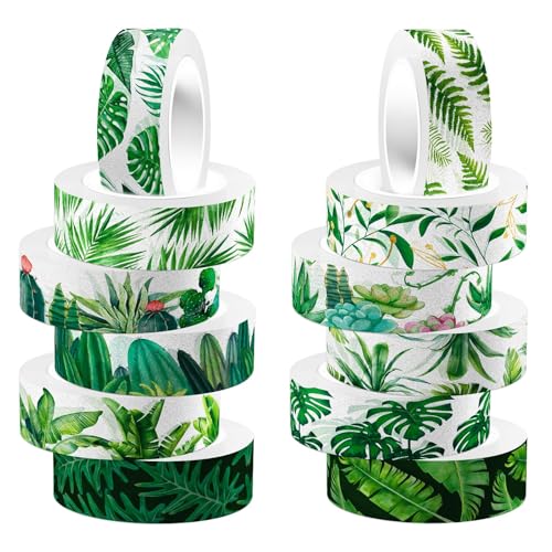 Ktxaby 12 Rollen Greenery Washi Tape Set,Summer Tropical Leaves Masking Tape, Grüne Pflanzen Kaktus Sukkulenten Dekoband Aufkleber für Scrapbook Journal DIY Handwerk (5m/Rolle) von ktxaby