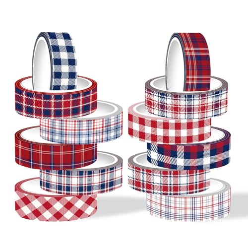 Ktxaby 12 Rollen Rot Blau Weiß Plaids Washi Tape Set,Independence Day Themed Dekorative Papier Aufkleber für Scrapbook Supplies Journaling DIY Art Crafts (5m/Rolle) von ktxaby