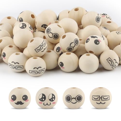 Ktxaby 40pcs 20mm lose Holzperlen mit Gesichtern 4 Styles 4mm Loch Holz Ausdruck Perlen Runde natürliche Holzperlen handgemachte Holzperlen für Halskette Armband Stringing Making DIY Crafts (01) von ktxaby