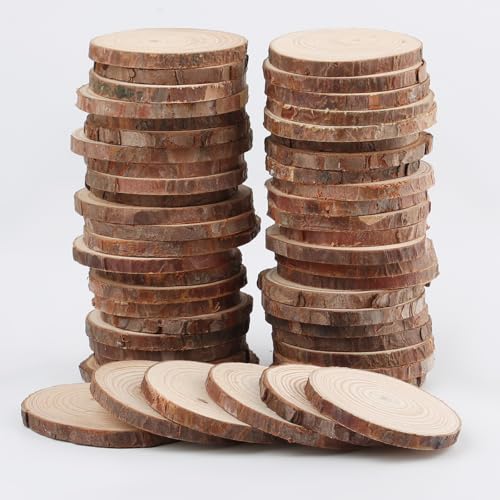 Ktxaby 50 Stück Holz Log Scheiben 6-7 cm,Unlackiert Holzscheiben mit Baumrinde,Plätzchen-Kreise für DIY Handwerk Holz Scheiben Hochzeit Mittelstücke Weihnachten Dekoration von ktxaby