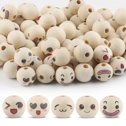 Ktxaby 50pcs 20mm lose Holz Perle mit Gesichtern 5 Styles 4mm Loch Holz Ausdruck Perlen Runde natürliche Holzperlen handgemachte Holzperlen für Halskette Armband Stringing Making DIY Crafts (03) von ktxaby