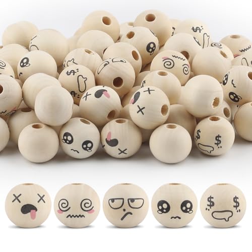 Ktxaby 50pcs 20mm lose Holz Perle mit Gesichtern 5 Styles 4mm Loch Holz Ausdruck Perlen Runde natürliche Holzperlen handgemachte Holzperlen für Halskette Armband Stringing Making DIY Crafts (05) von ktxaby