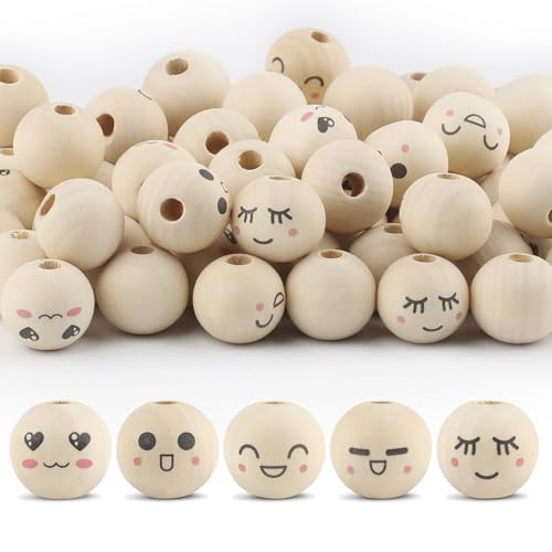 Ktxaby 50pcs 20mm lose Holz Perle mit Gesichtern 5 Styles 4mm Loch Holz Ausdruck Perlen Runde natürliche Holzperlen handgemachte Holzperlen für Halskette Armband Stringing Making DIY Crafts (06) von ktxaby