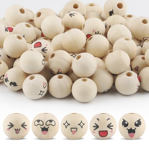 Ktxaby 50pcs 20mm lose Holzperle mit Gesichtern 5 Styles 4mm Loch Holz Ausdruck Perlen Runde natürliche Holzperlen handgemachte Holzperlen für Halskette Armband Stringing Making DIY Crafts (04) von ktxaby